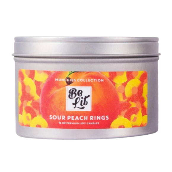 Be Lit Munchies Collection 12oz Odor Eliminating Terpene Candle, Sour Peach Rings