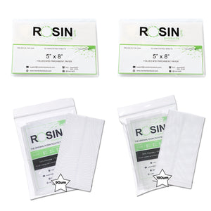 Rosin Tech Products Re-Up Bundle 3 - Rosin Tech Products 5" x 8" Pre-Folded & Pre-cut Parchment Paper (100 Sheets Total) , Rosin Tech Products 2" x 3.5" Heat Press Filter Bags In 90u & 190u (50 Pack of Each)